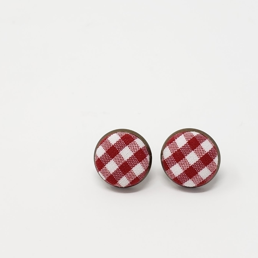 New Handmade | Upcycled Red White Gingham Plaid Button Stud Earrings